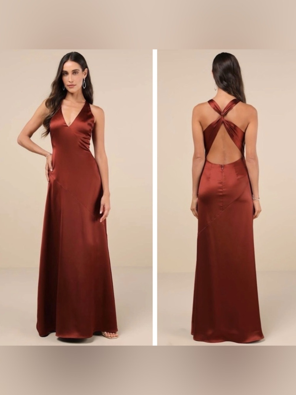 Lulu's Satin Maxi Dress in Rust/Burnt Orange